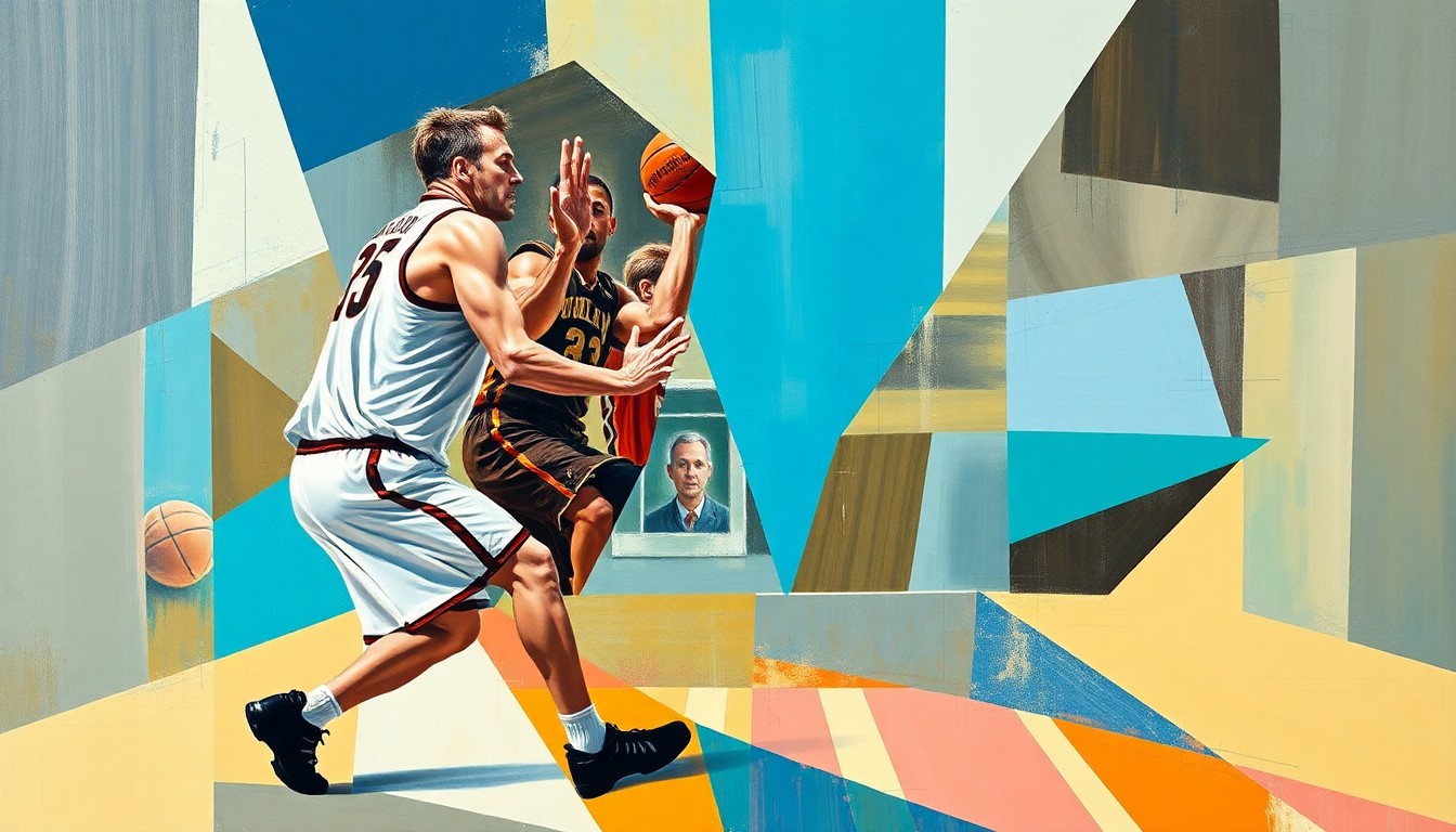 A fractured, geometric painting depicting Chet Holmgren's defensive movements and impact on the court, with sharp, overlapping planes of color and form.