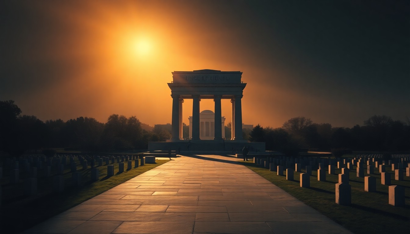 A cinematic painting depicting a massive stone arch towering over the National Mall, with the Lincoln Memorial and Arlington National Cemetery visible in the background, all bathed in warm, dramatic lighting and deep shadows, conceptually illustrating the tension between the arch's imposing presence and the historic significance of the surrounding area.