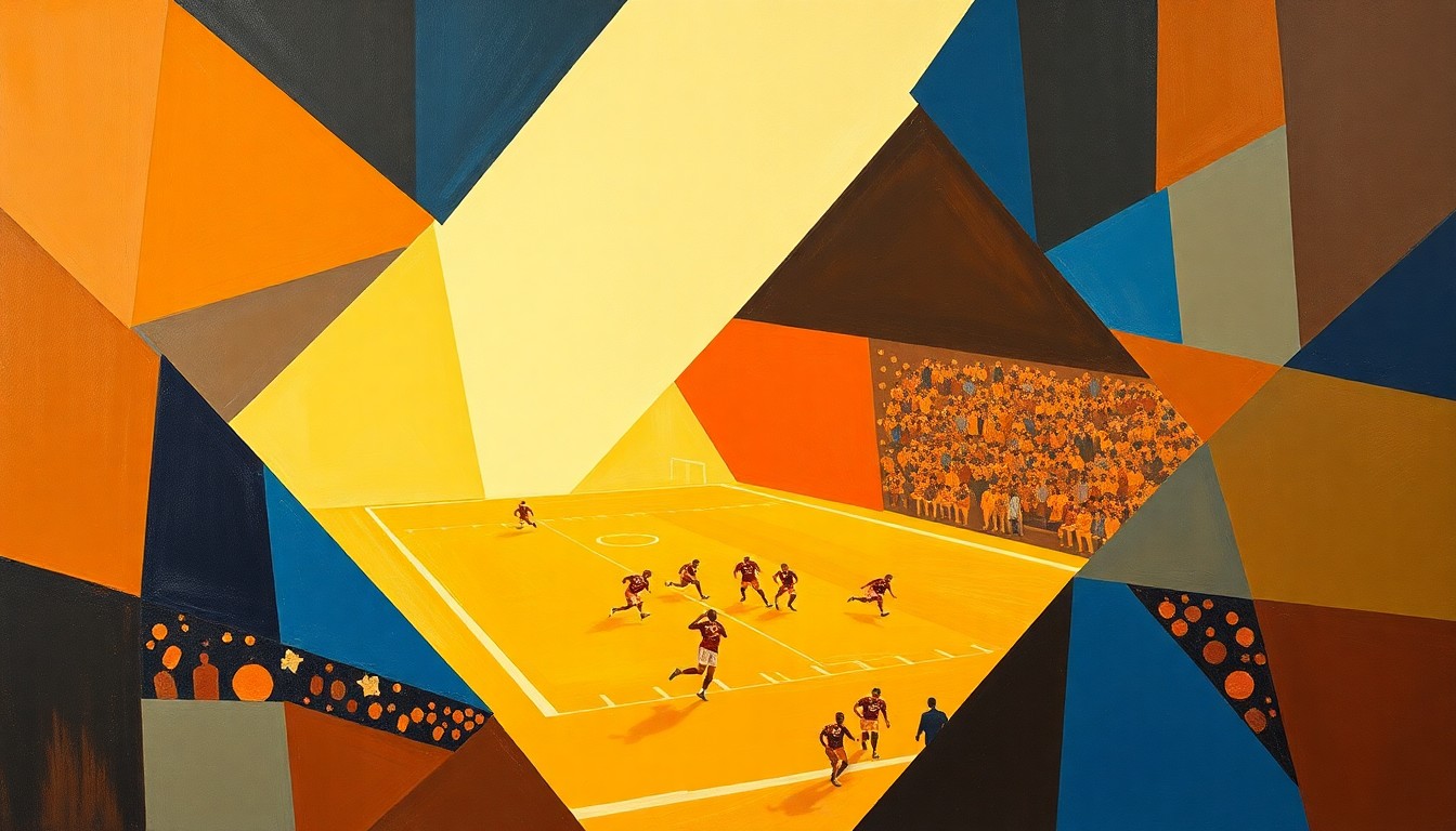 A cubist, geometric painting depicting a fragmented football game, with overlapping planes of brown, orange, and blue shapes representing the action on the field.