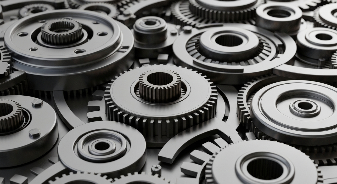 An extreme close-up of intricate, polished mechanical components and gears in shades of steel grey, bronze, and gunmetal, conceptually representing the complex financial infrastructure and institutional machinery of the biopharmaceutical industry.