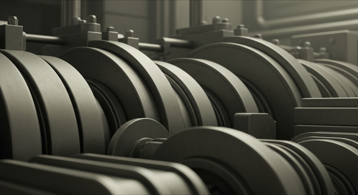 An extreme close-up of various gears, levers, and other industrial banking equipment, conveying a sense of the complex, powerful financial systems underlying a company's stock performance.