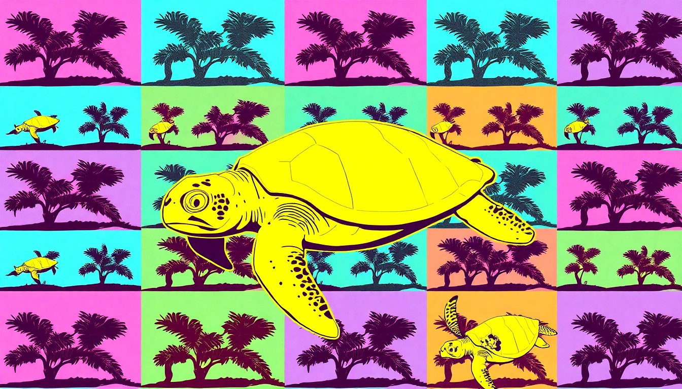 A highly stylized, pop art-inspired illustration featuring a repeating pattern of a single iconic environmental element, such as a mangrove tree or sea turtle, rendered in a bold, neon color palette with heavy black outlines, conceptually representing the community's investment in protecting natural resources.