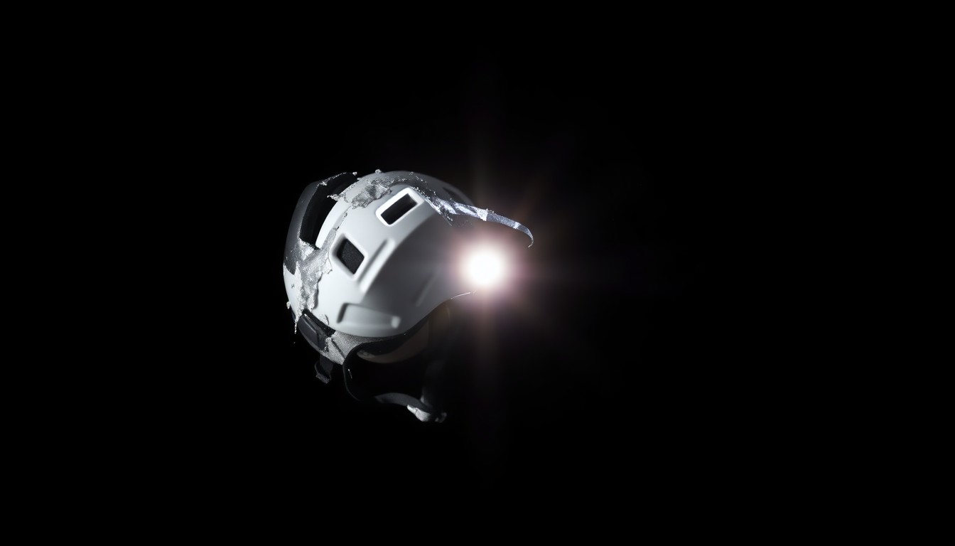 An extreme close-up of a cracked and shattered bicycle helmet, the harsh lighting and dark background creating a gritty, investigative aesthetic that conceptually represents the severe injuries suffered by the paralyzed triathlete.