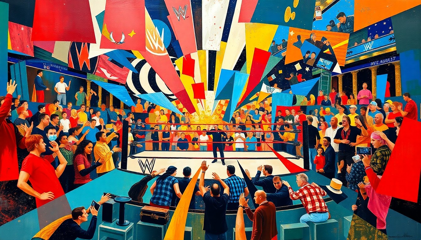 A cubist, geometric painting depicting an abstract, fragmented scene of a wrestling match or fan mob, with sharp planes of vibrant red, blue, and gold colors representing the energy and chaos of the situation.