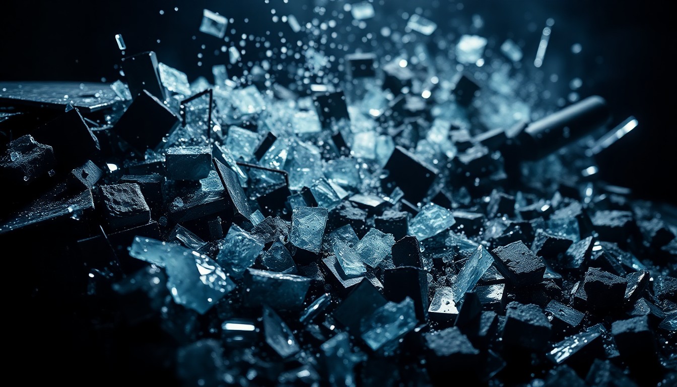 An extreme close-up of shattered glass and crushed metal textures in dramatic, high-contrast lighting, conceptually representing the aftermath of a vehicle accident.