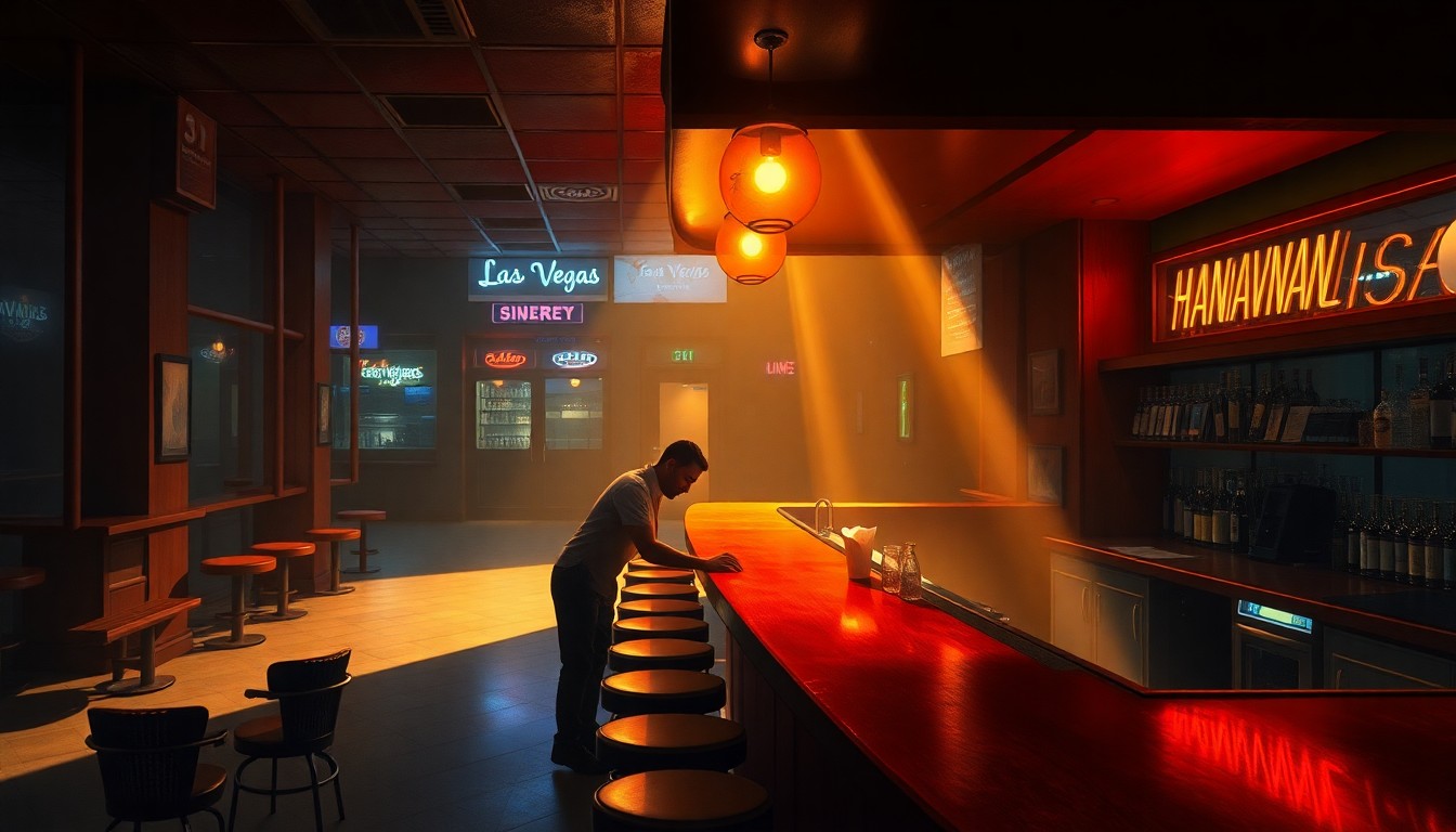 A photorealistic painting of a dimly lit bar interior, with a solitary bartender wiping down the counter as warm sunlight streams in through the windows, creating a sense of quiet contemplation and nostalgia.