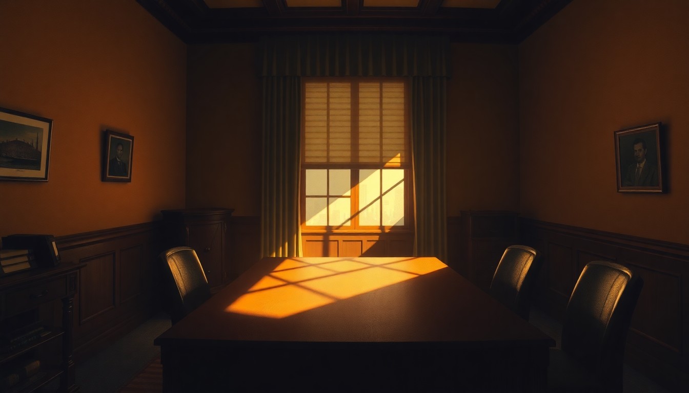 A serene, cinematic painting of a dimly lit political office desk, with warm sunlight casting long shadows across the surface, conveying a mood of melancholy and disillusionment.
