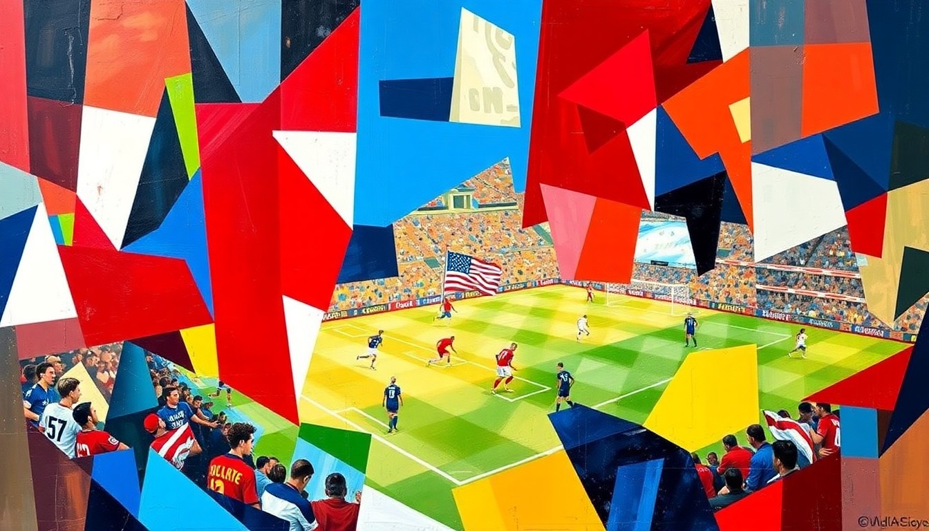 A fragmented, geometric painting in bold primary colors depicting a soccer match in abstract, overlapping shapes and planes, conveying the tactical complexities the USMNT faces against top international opponents.