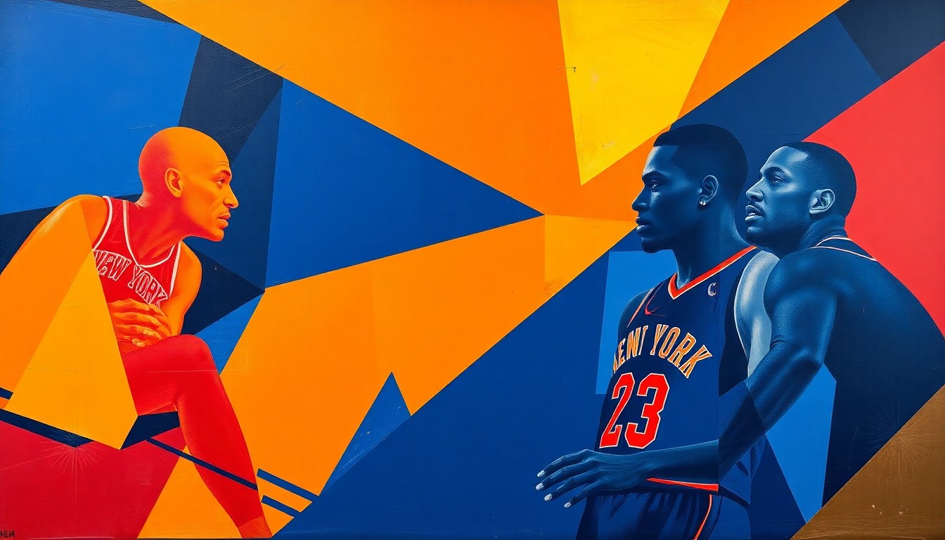 A cubist, geometric painting depicting an abstracted basketball game between the New York Knicks and Atlanta Hawks, with the players' forms broken down into sharp, overlapping shapes in a palette of navy, orange, and red.