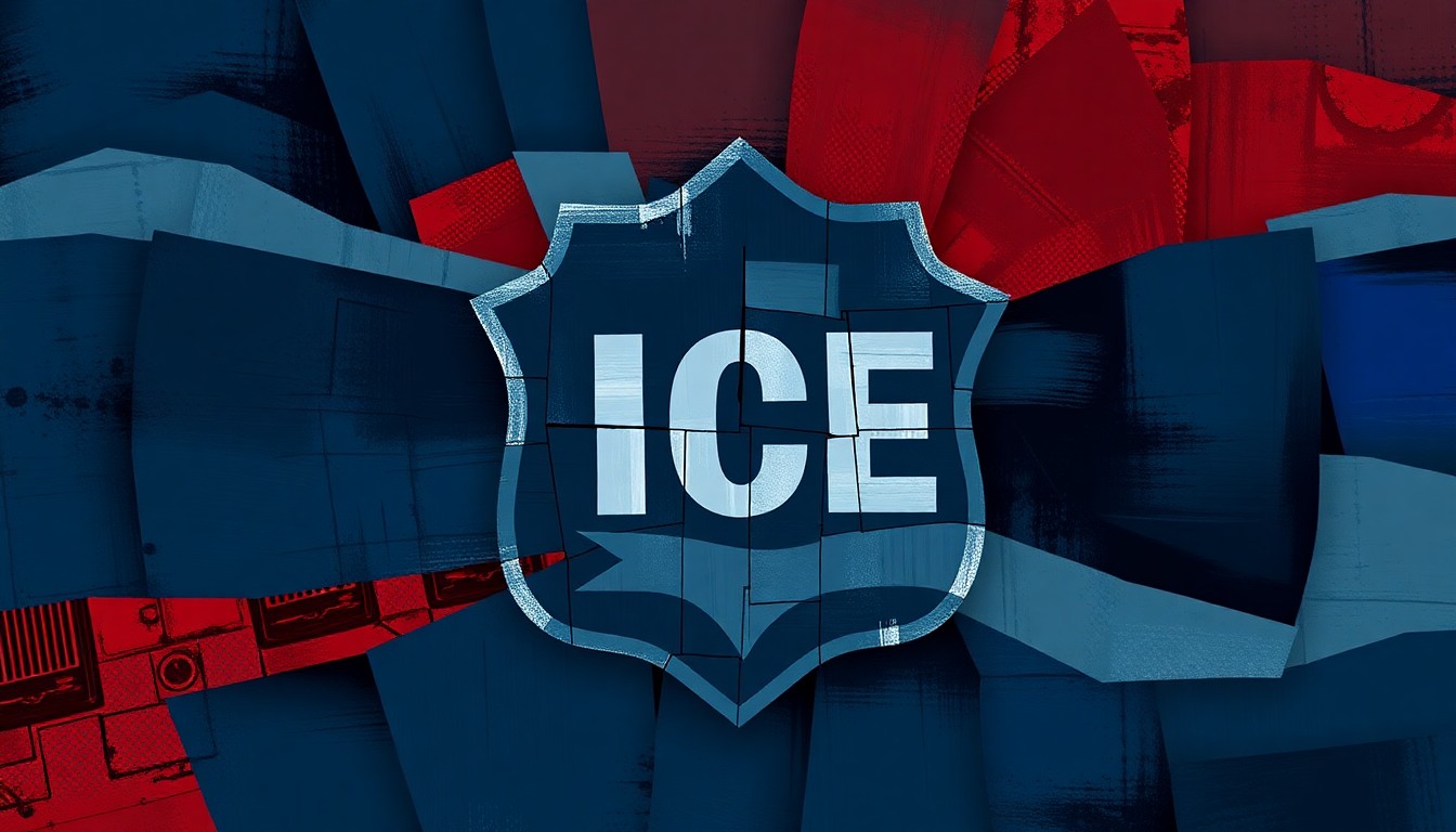 A fractured, abstract painting composed of overlapping geometric shapes and waves of dark blue, grey, and red tones, representing the tension and conflict surrounding the arrest warrant issued against an ICE agent.