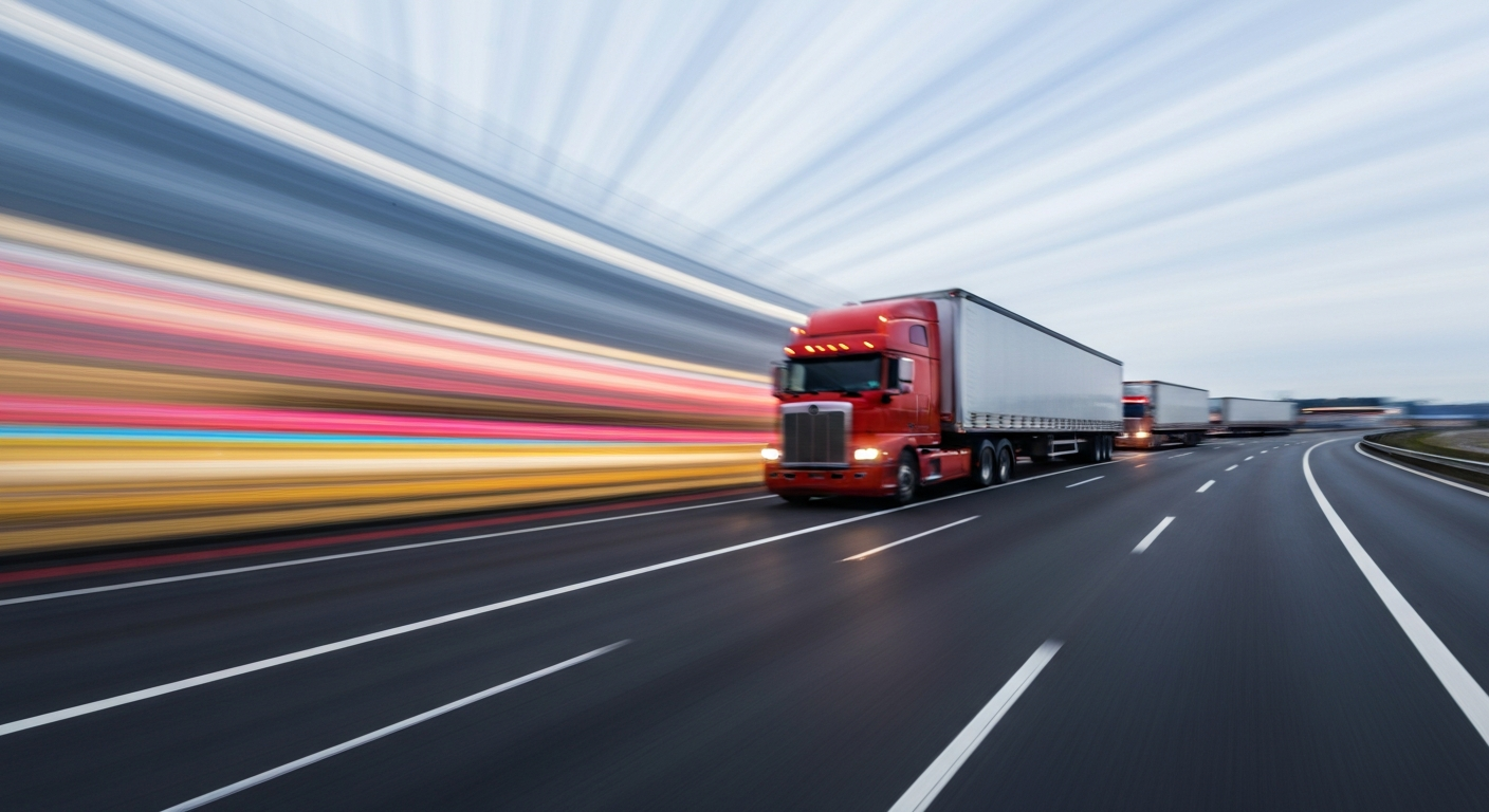 An abstract, colorful image created through a slow-shutter, panning camera technique, depicting the blurred motion of a semi-truck on a highway, conveying a sense of speed, modern engineering, and the challenges of regulating commercial transportation.