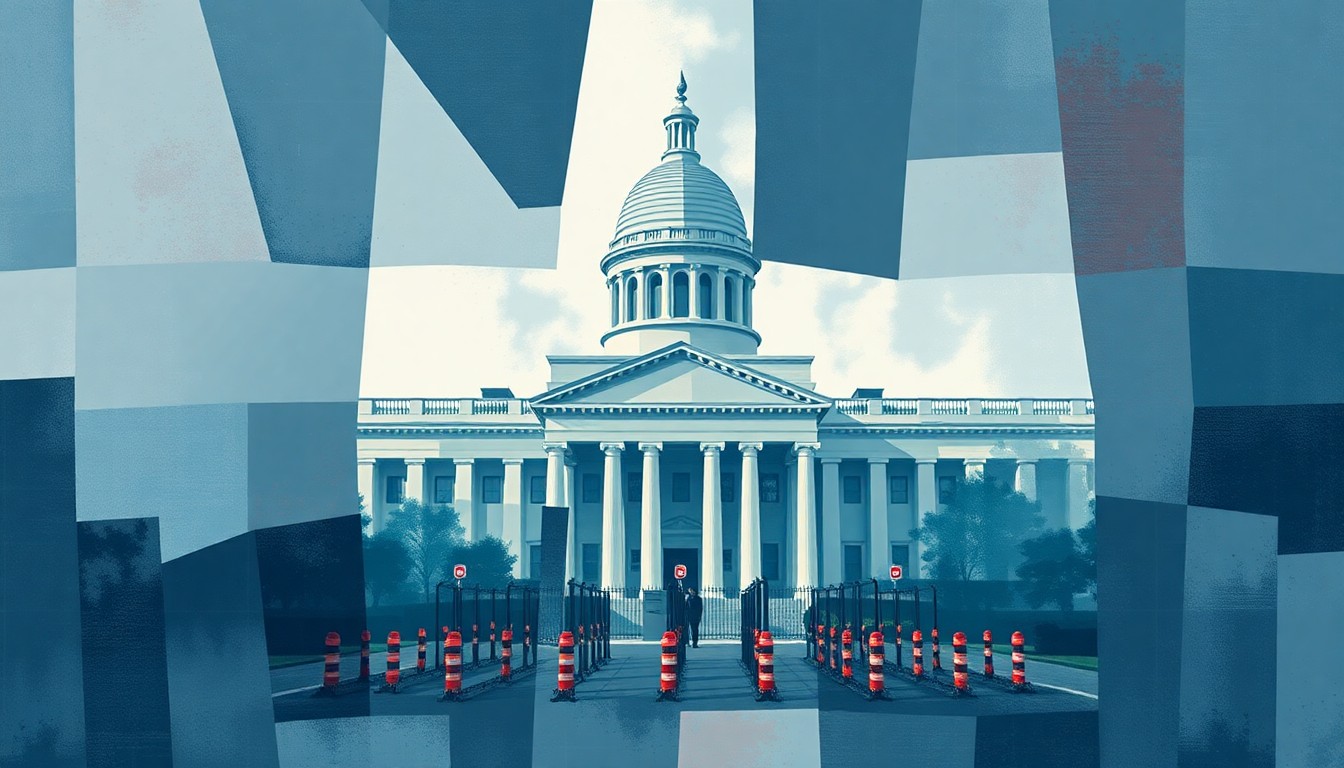 A dynamic, fragmented painting depicting the chaotic state of homeland security funding, with overlapping geometric shapes and lines in shades of blue, grey, and red conveying a sense of instability and disruption.