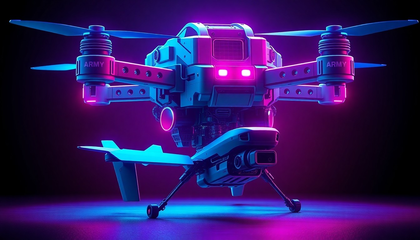 A highly detailed, glowing 3D illustration of a futuristic drone recovery device, with neon cyan and magenta lights illuminating the intricate mechanical components as it captures a damaged enemy drone, conceptually representing the Army's efforts to develop innovative solutions for drone warfare.