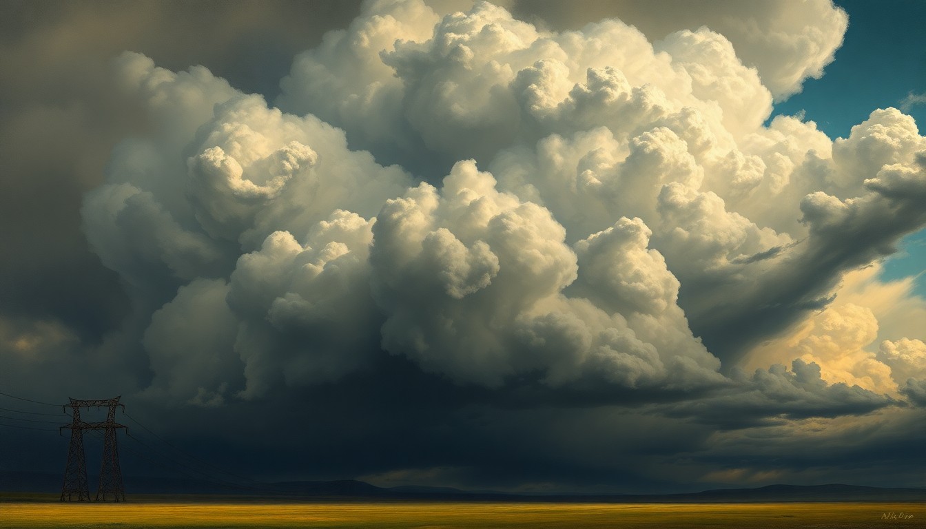 A dramatic, atmospheric landscape painting in muted tones of gray, blue, and white, depicting a massive, swirling storm system dominating the sky and dwarfing a small power line tower in the foreground, conveying the overwhelming power of nature and the vulnerability of human infrastructure.