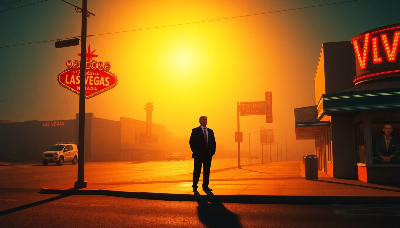 A cinematic painting depicting a solitary figure in a suit standing on a Las Vegas street corner, the scene bathed in warm, diagonal sunlight and deep shadows, conceptually representing the former president's ongoing political presence.