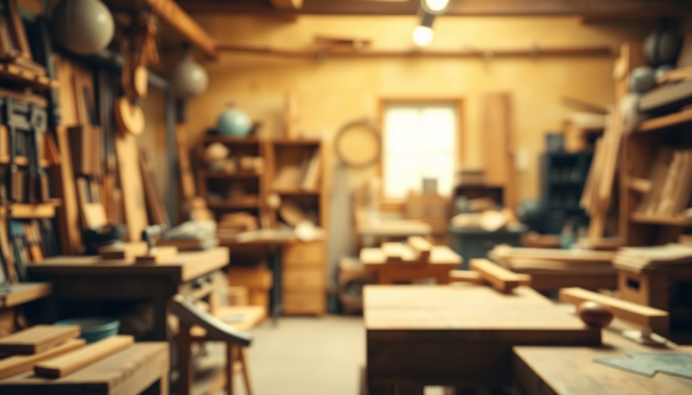 An abstract, out-of-focus photograph depicting the warm, textured atmosphere of a woodworking workshop, with blurred tools and materials in the foreground and background, conveying a sense of nostalgia and craftsmanship.