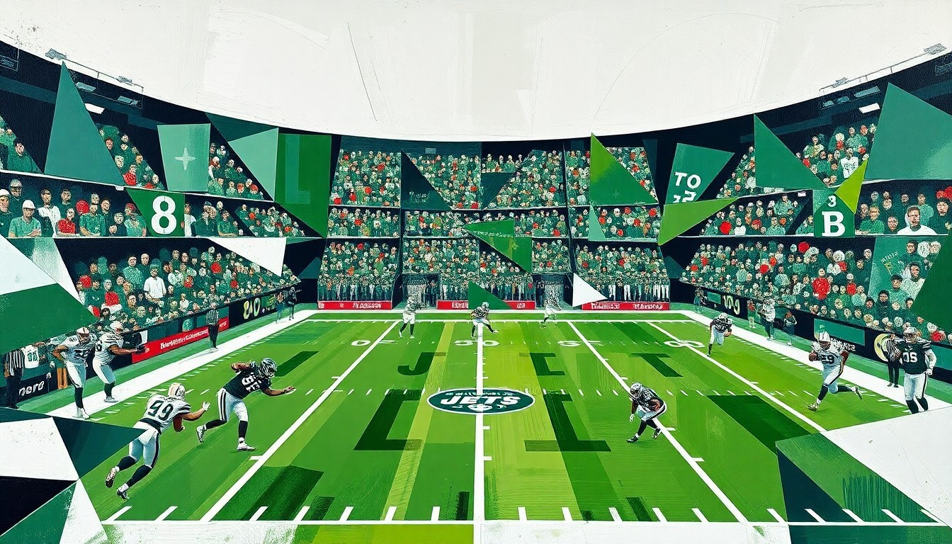 A cubist, geometric painting depicting a fragmented New York Jets football game, with players and the field broken down into abstract shapes and planes of green, white, and black.