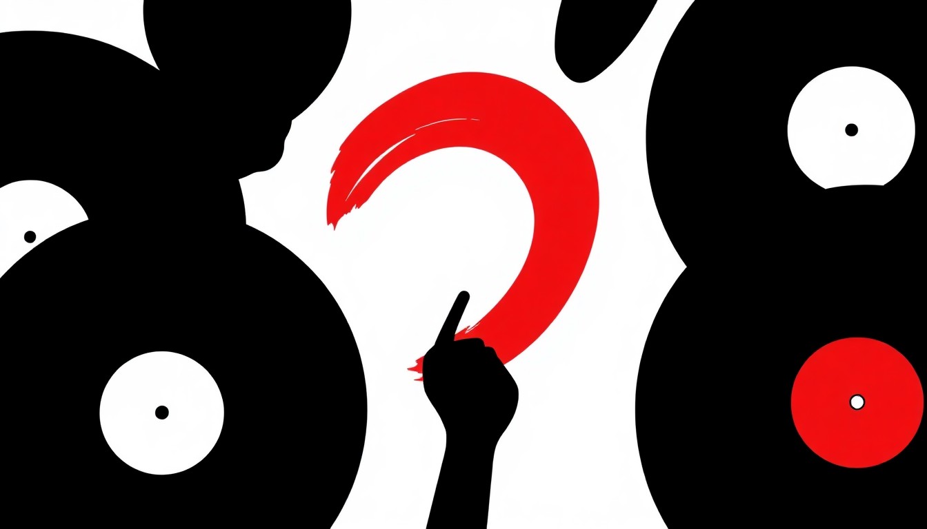 A minimalist, abstract illustration using bold black silhouettes and high-contrast solid colors to conceptually represent the resilience of vinyl records in the digital age.