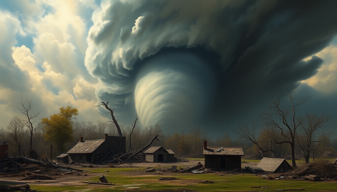 A sweeping, atmospheric landscape painting depicting the aftermath of a tornado in Ann Arbor, with the twisted remnants of buildings and uprooted trees dwarfed by the dramatic, swirling clouds overhead.