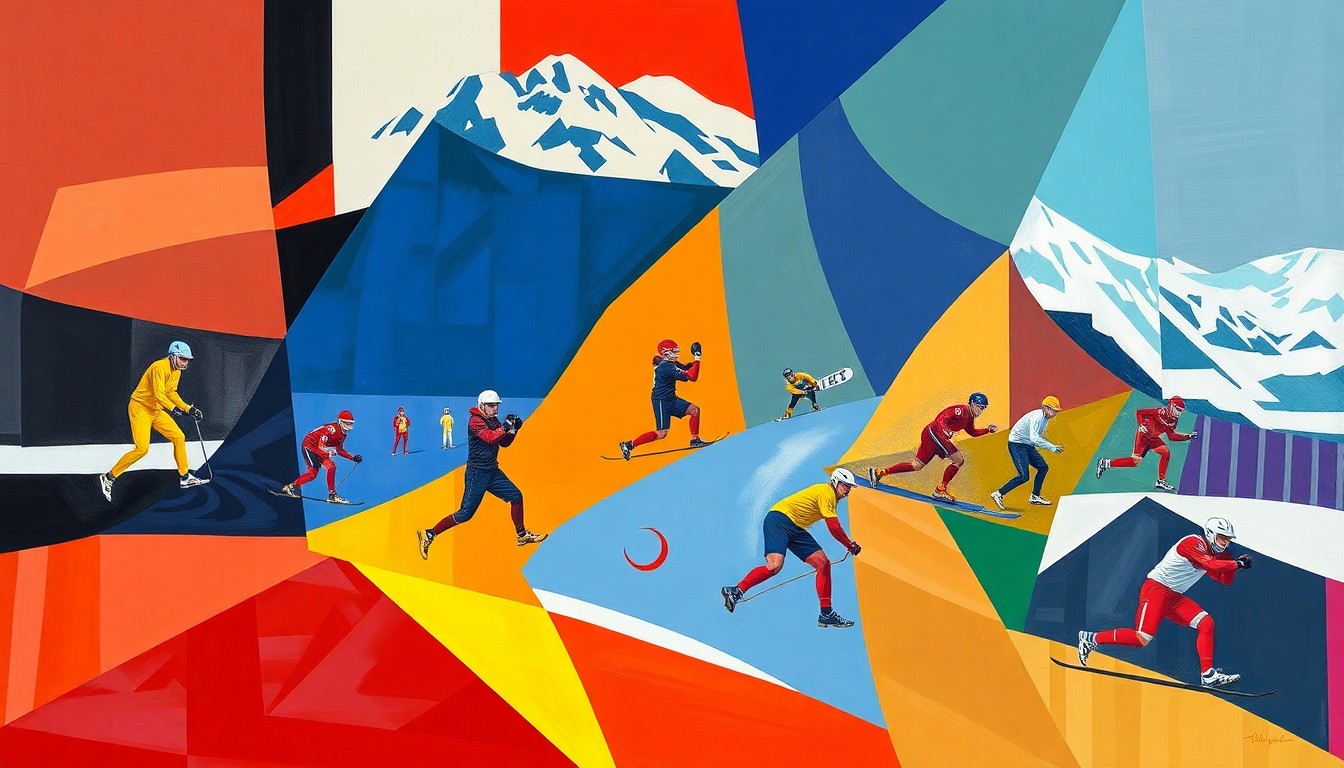 A cubist, geometric painting depicting various Alaska sports scenes and achievements, including cross-country skiing, cycling, wrestling, and hockey, rendered in a vibrant color palette.