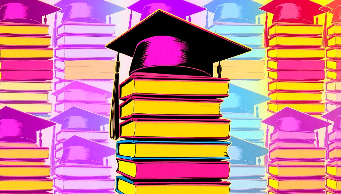 A brightly colored, high-contrast silkscreen print of a stack of college textbooks and a graduation cap repeated in a tight grid pattern, conceptually representing the educational opportunities and community support available at a free college fair for Latino students and families.