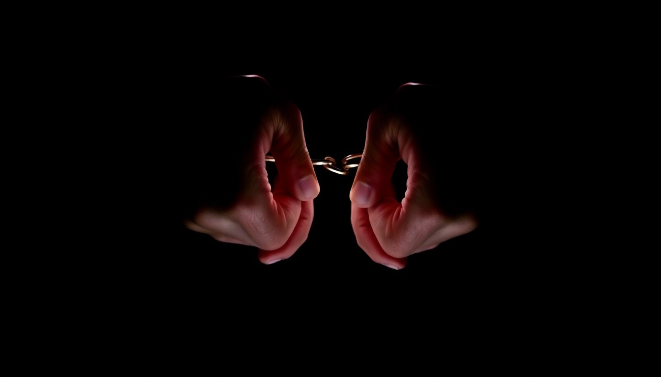 An extreme close-up photograph of a pair of handcuffed hands against a stark black background, the harsh lighting creating dramatic shadows and textures to convey a serious, investigative mood without words.