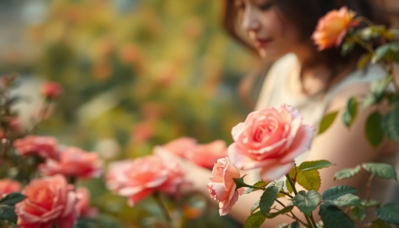 An extremely abstracted, out-of-focus photograph of a woman's hands gently tending to a rose bush, the petals and leaves blurred into soft, warm pools of color, conceptually representing the tranquility and beauty that Roxie found in nature.