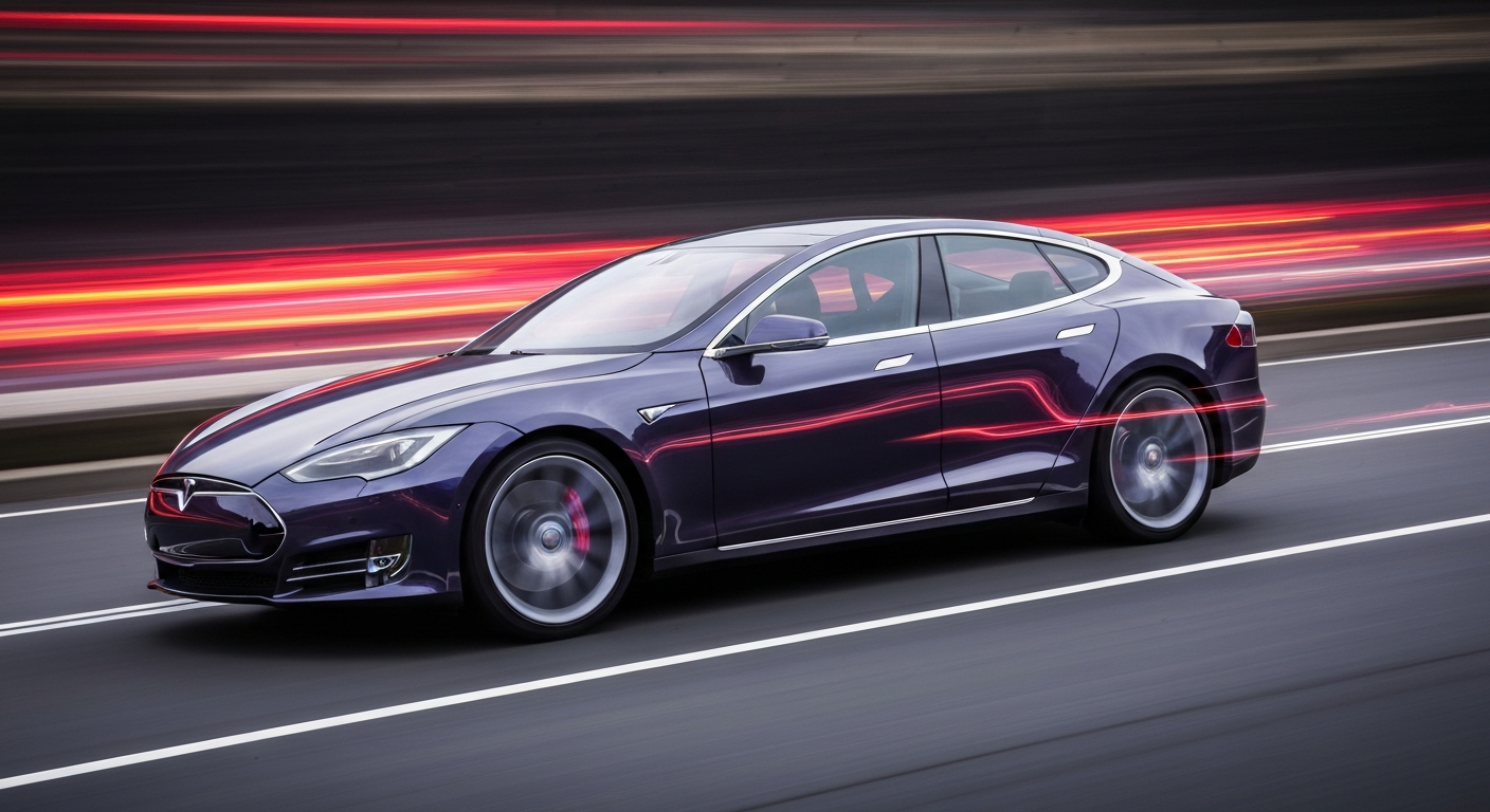 An abstract, blurred image of a Tesla Model S electric vehicle in motion, with streaks of vibrant colors and dynamic energy conveying the power and speed of modern electric automotive engineering.