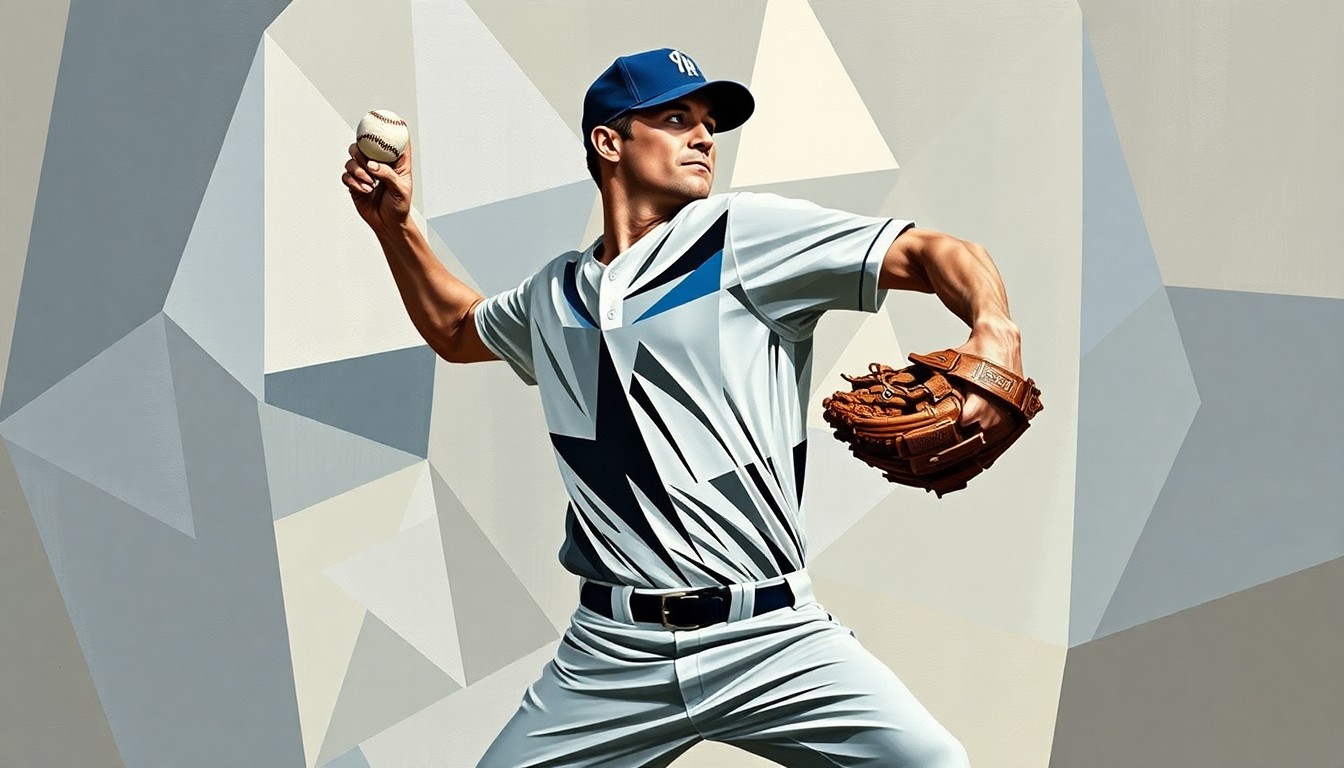 A fractured, geometric painting depicting a baseball pitcher's delivery broken down into sharp, overlapping planes of muted colors, visually representing the uncertainty surrounding a young prospect's injury setback.