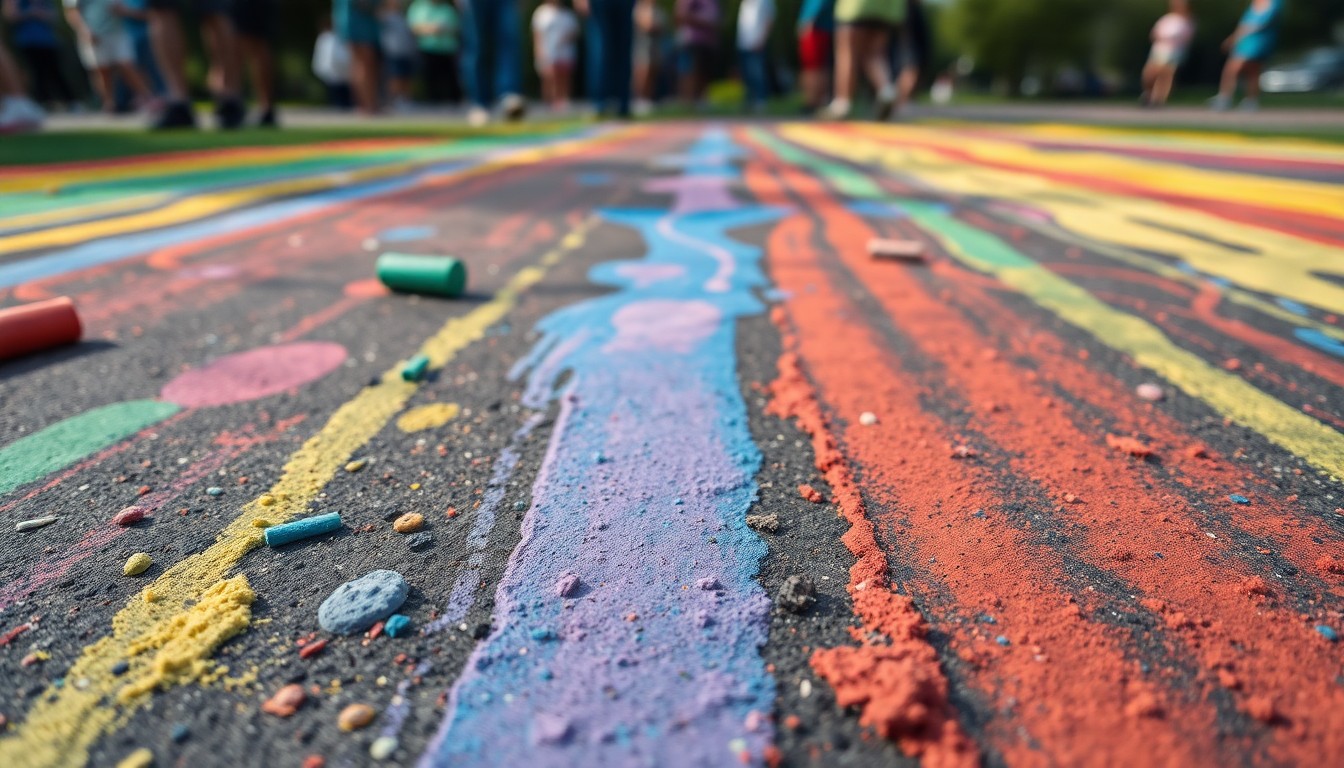 An abstract close-up photograph showcasing the vivid colors and textures of chalk drawings, representing the joyful energy of a local community event in a public park.
