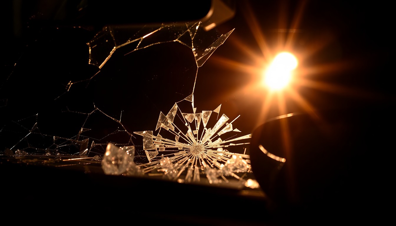 An extreme close-up photograph of a shattered car windshield reflecting the harsh glare of a camera flash, conceptually illustrating the devastating impact of distracted driving.