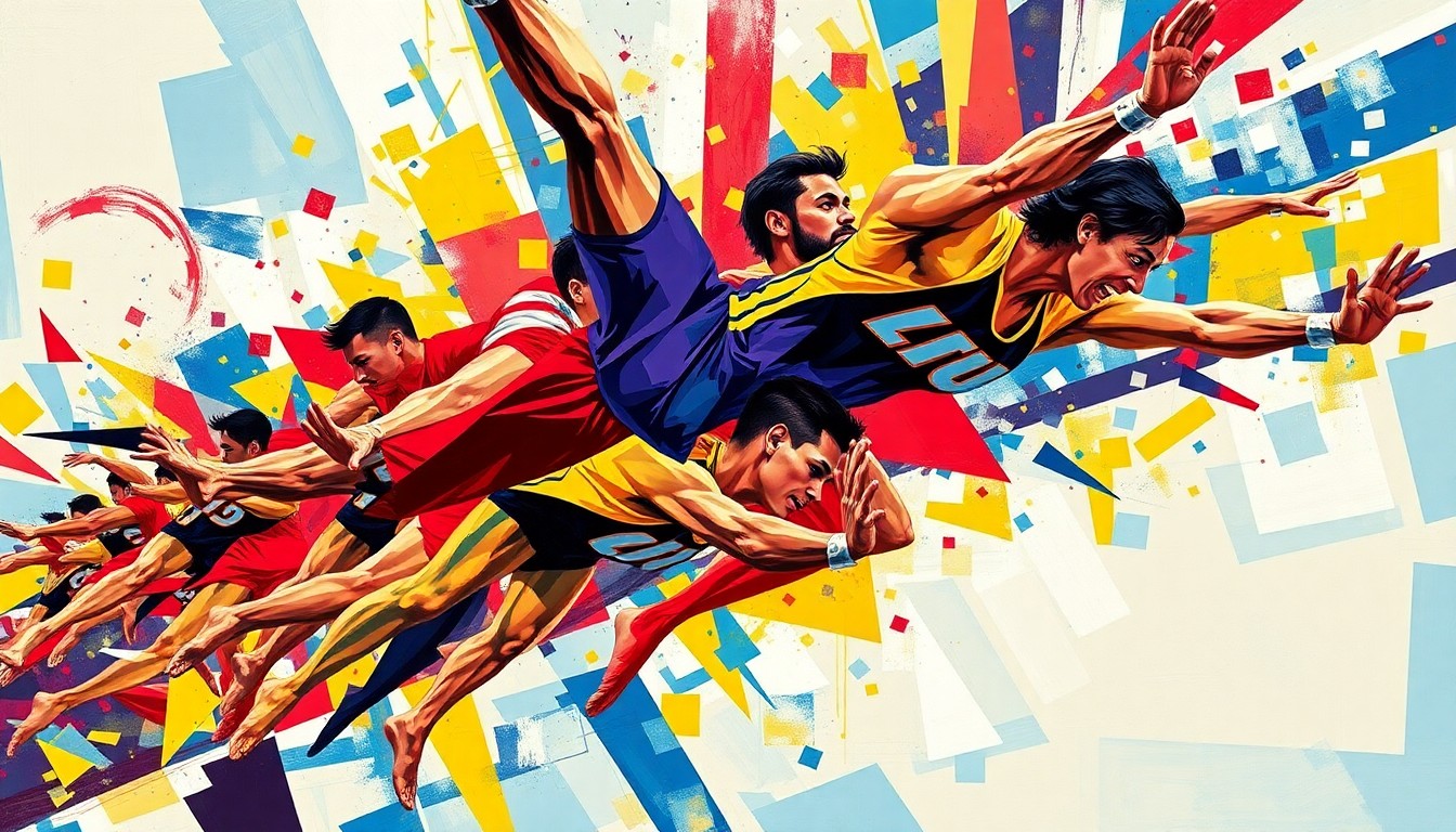 A cubist, geometric painting depicting the dynamic movements and energy of a gymnastics competition, with the vibrant colors of the LSU and Georgia uniforms overlapping in a fractured, multi-perspective composition.