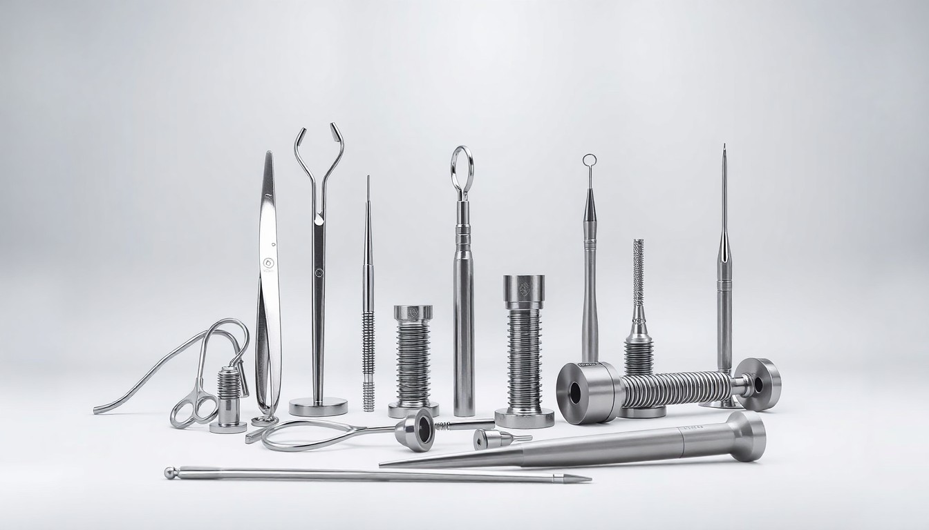 A minimalist studio still life photograph featuring a collection of polished metal surgical instruments, orthopedic implants, and medical devices arranged in a conceptual display, representing OrthoPediatrics' innovative product pipeline and commitment to advancing pediatric orthopedic care.