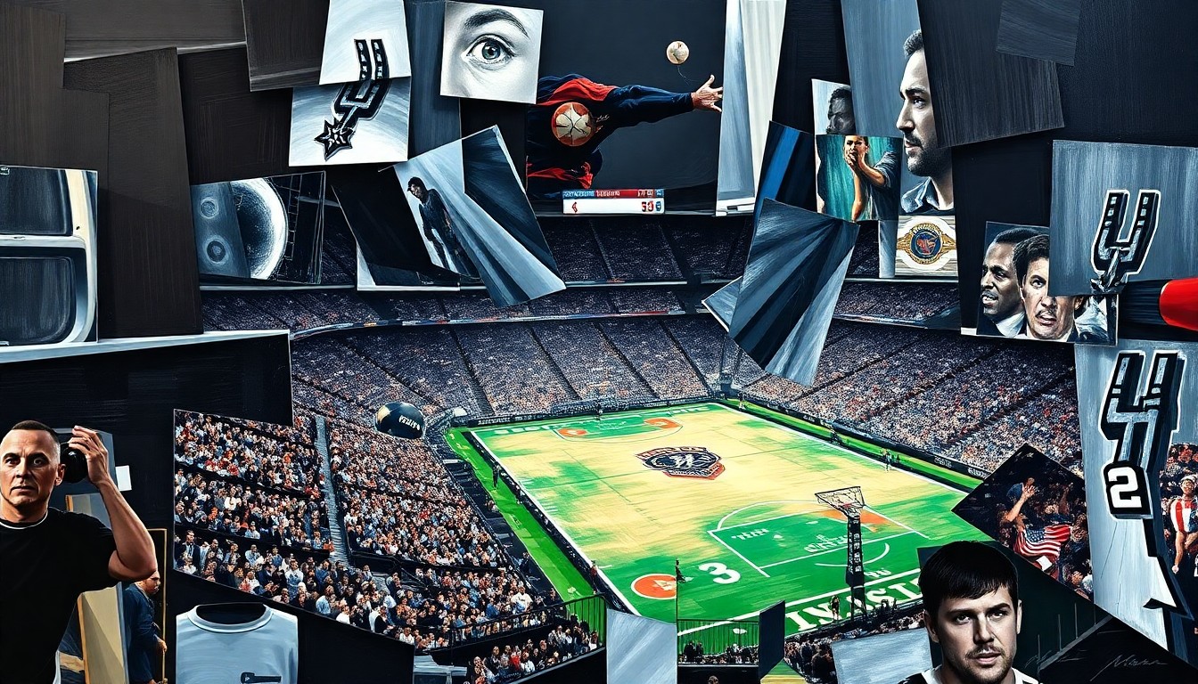 A cubist, geometric painting depicting a fragmented soccer stadium scene, with sharp, overlapping planes of black, silver, and white colors representing the San Antonio Spurs team.