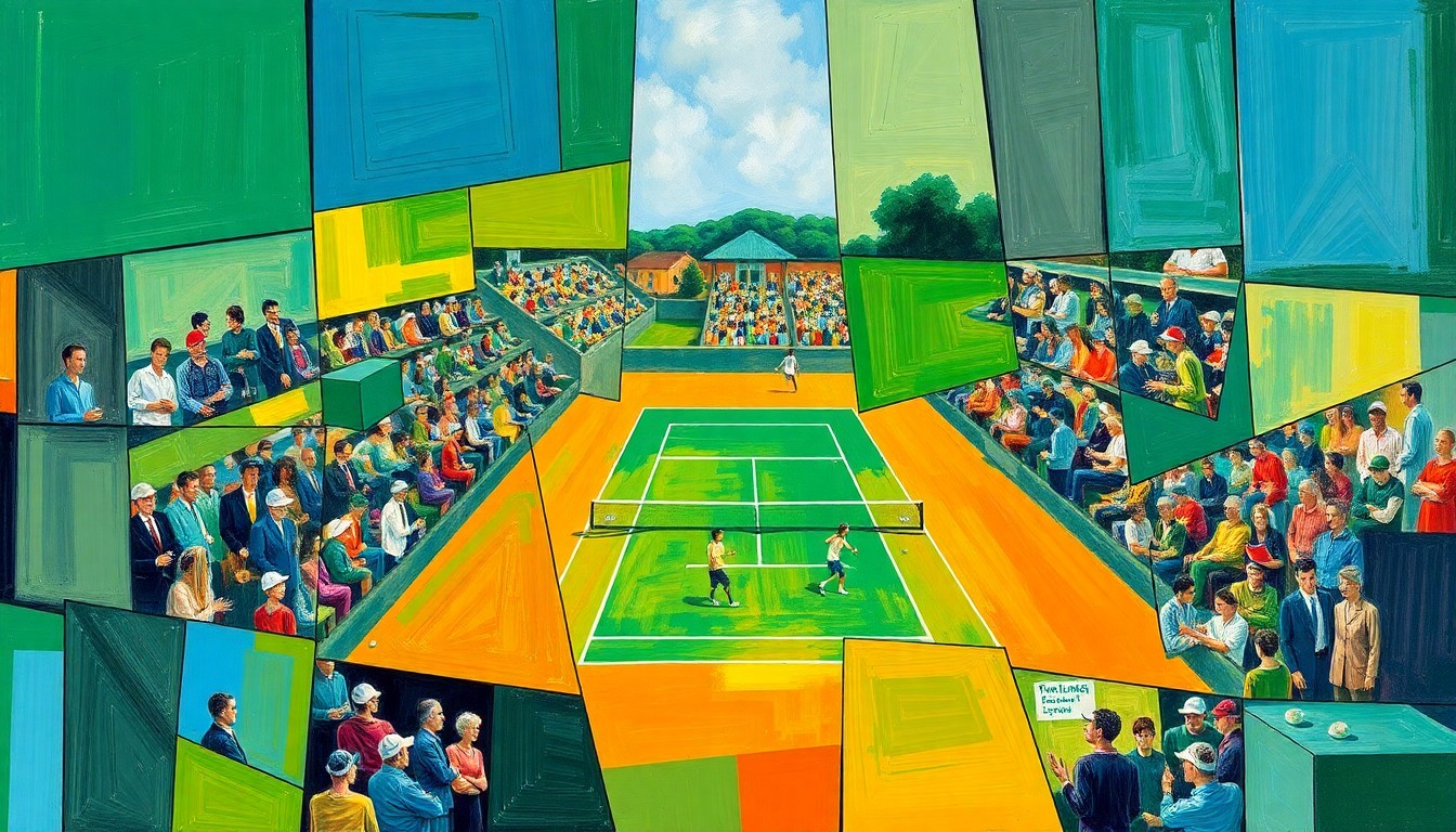 A fragmented, cubist-style painting depicting a tennis match or tournament scene, with the players and court broken down into sharp, overlapping geometric shapes in a vibrant color palette of greens, blues, and oranges, conveying the conceptual idea of fair pay in professional sports.