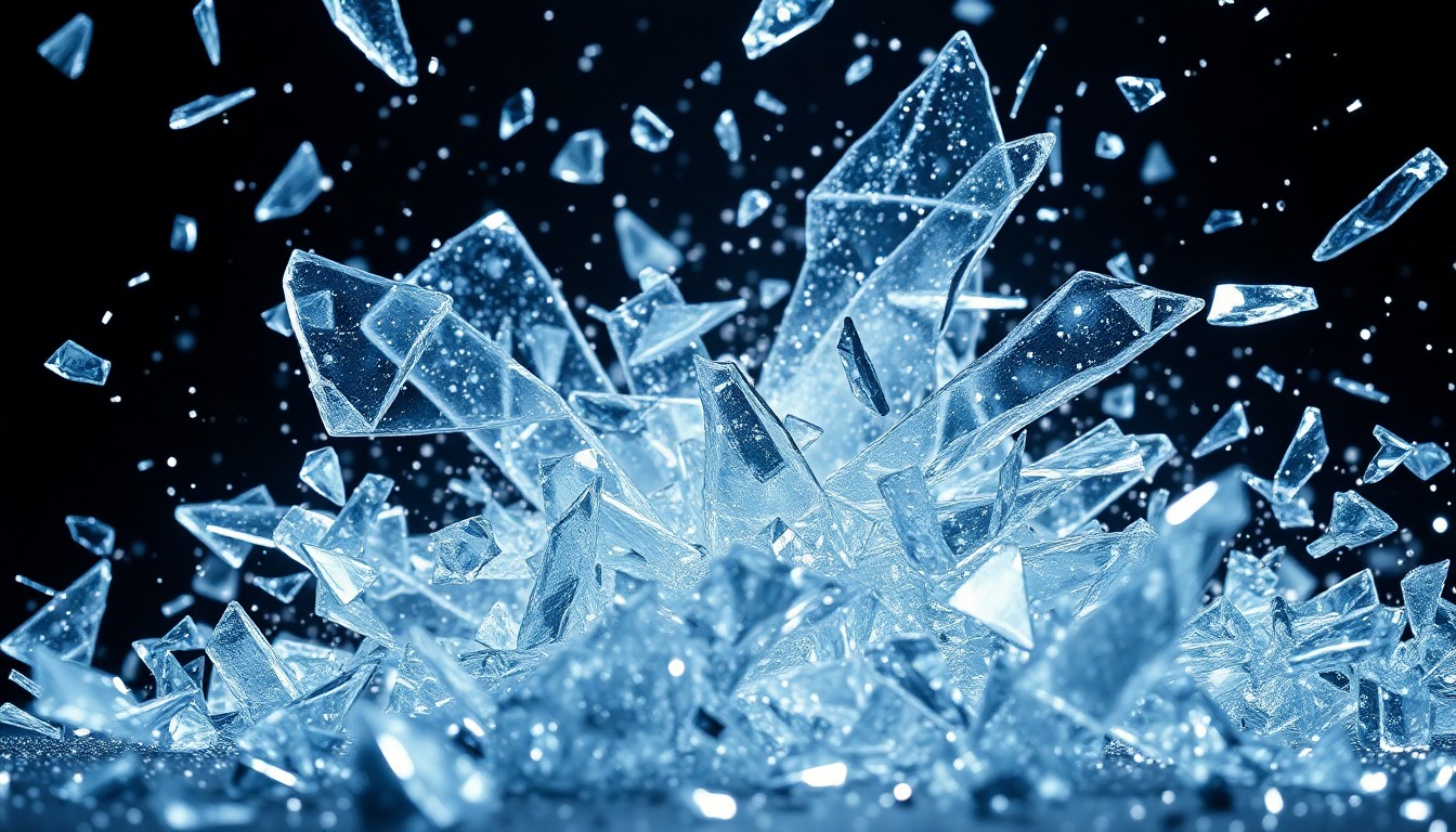 An extreme close-up photograph of shattered glass and glittering shards, capturing the epic scale and visual spectacle of the upcoming 'Avengers: Doomsday' film.