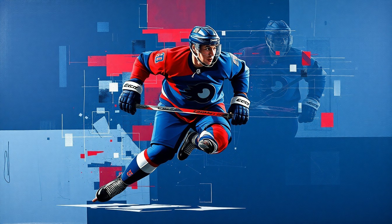 A cubist, geometric painting depicting a hockey player in motion, their form fragmented into sharp, overlapping planes of navy, red, and silver, conveying the conceptual tension and uncertainty surrounding Ovechkin's contract negotiations with the Capitals.
