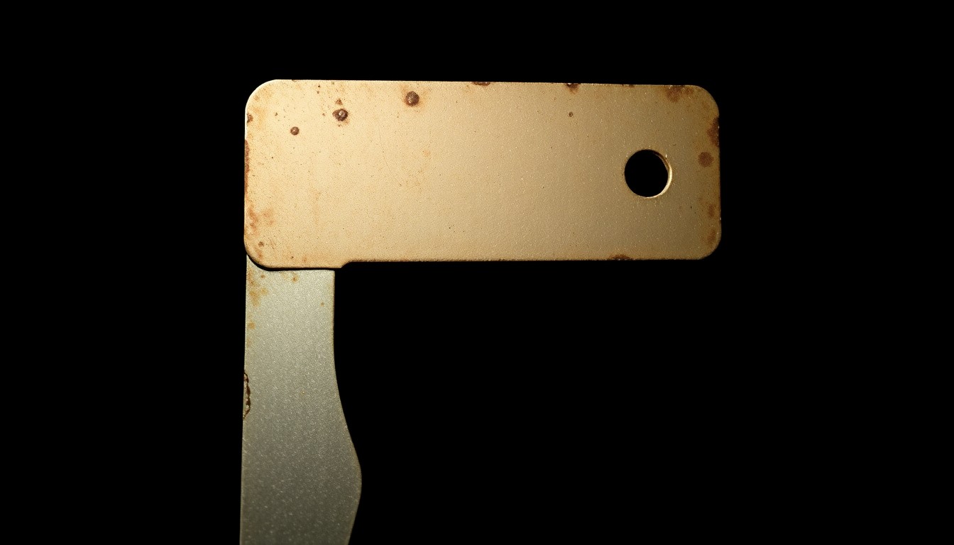 An extreme close-up photograph of a worn, rusted razor blade against a pitch-black background, conveying a sense of investigative intensity through the stark lighting and gritty texture.