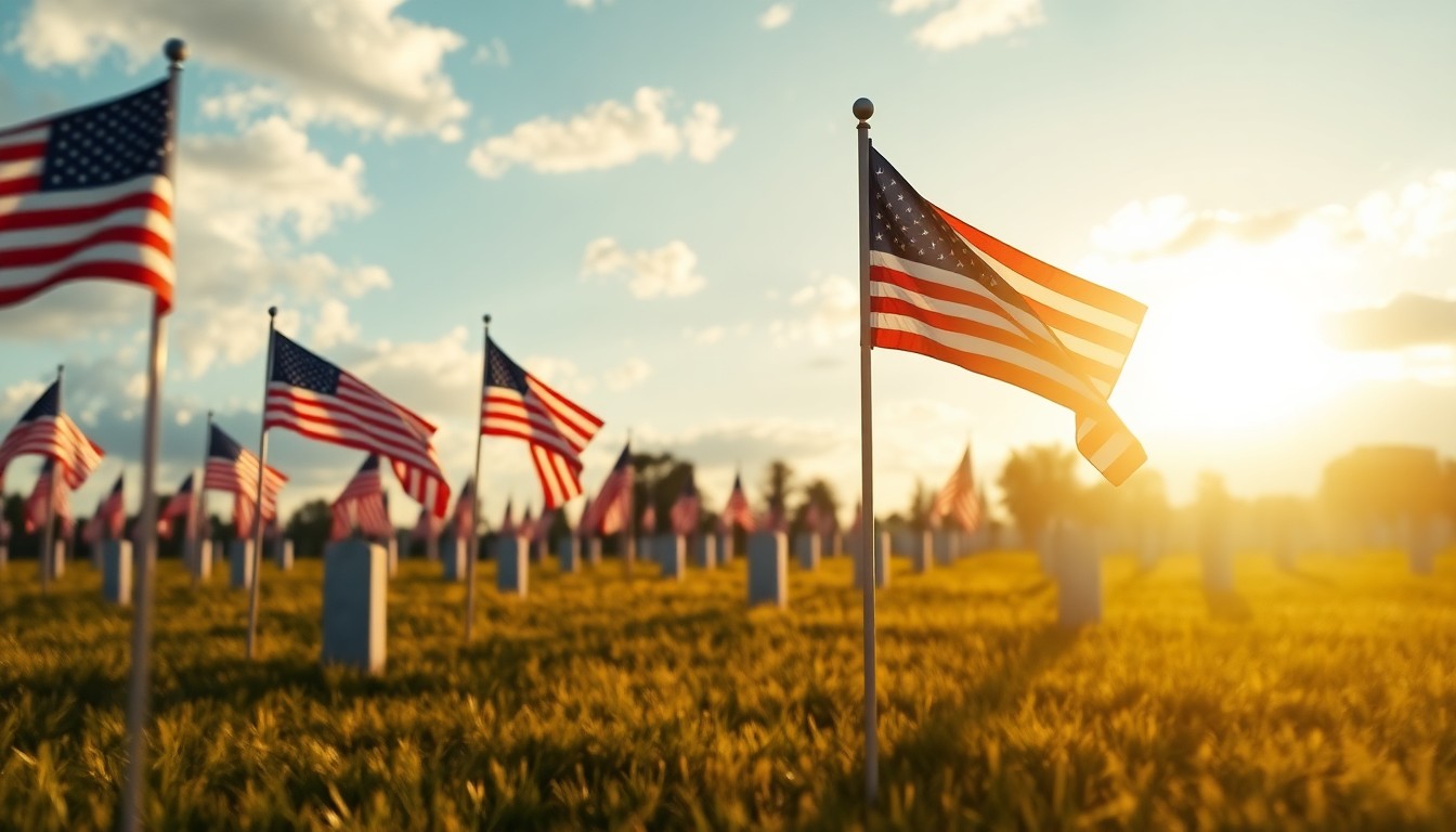 An impressionistic, blurred photograph of American flags waving in the wind over a peaceful cemetery scene, conveying a sense of reverence and remembrance.