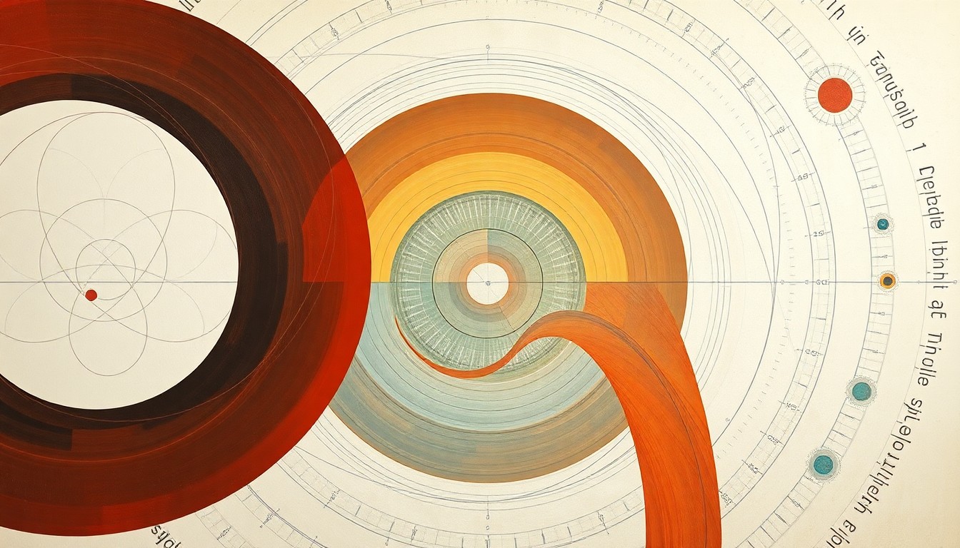 A highly structured abstract painting in soft blues, greens, and grays, featuring sweeping geometric arcs, concentric circular forms, and precise botanical spirals, conceptually representing the complex, interconnected nature of Synvitta's diagnostic technology.