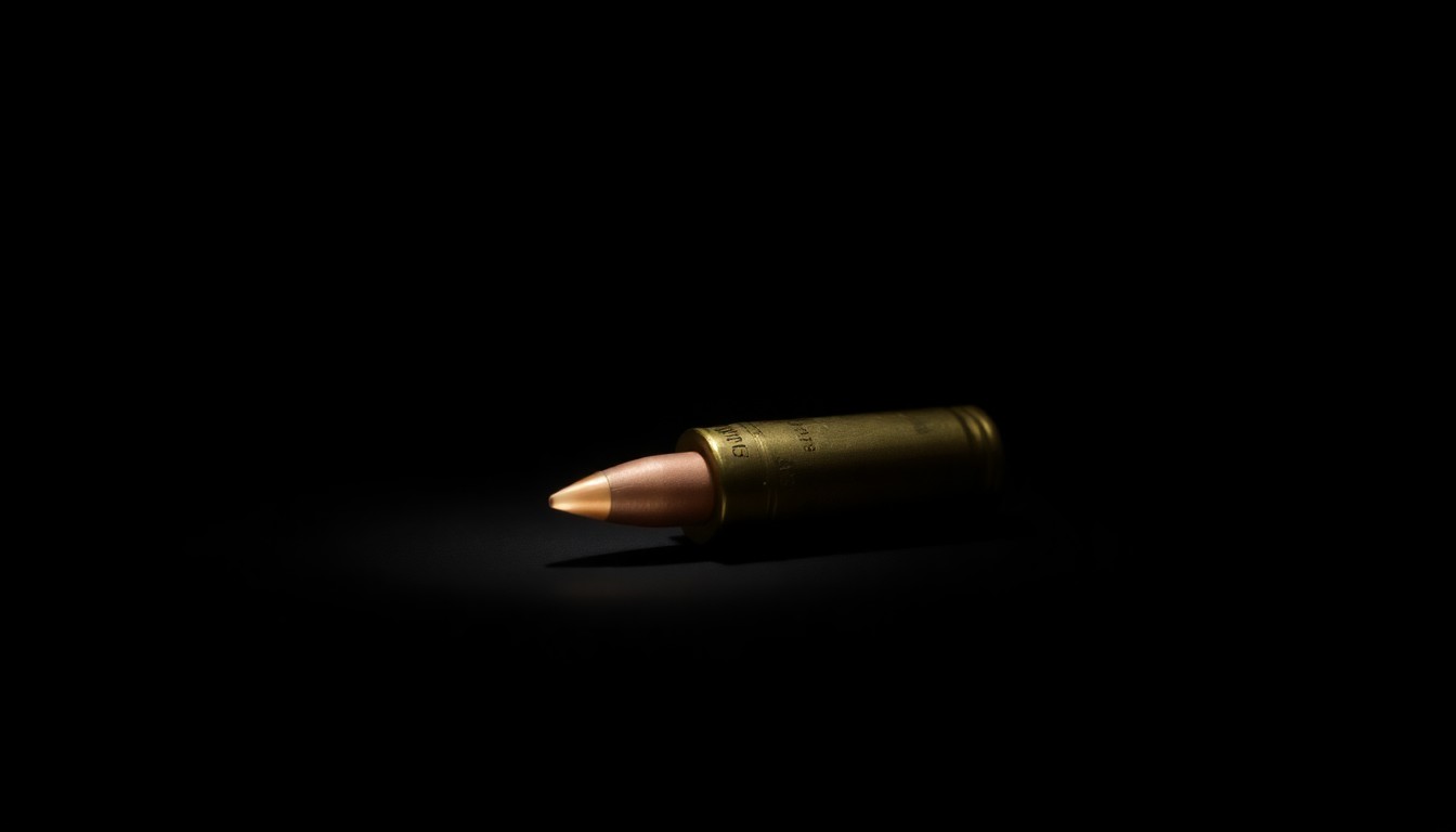 An extreme close-up photograph of a single bullet casing on a pitch-black background, the harsh flash illuminating the metallic texture and form of the object in stark detail, conceptually representing the aftermath of an accidental shooting.