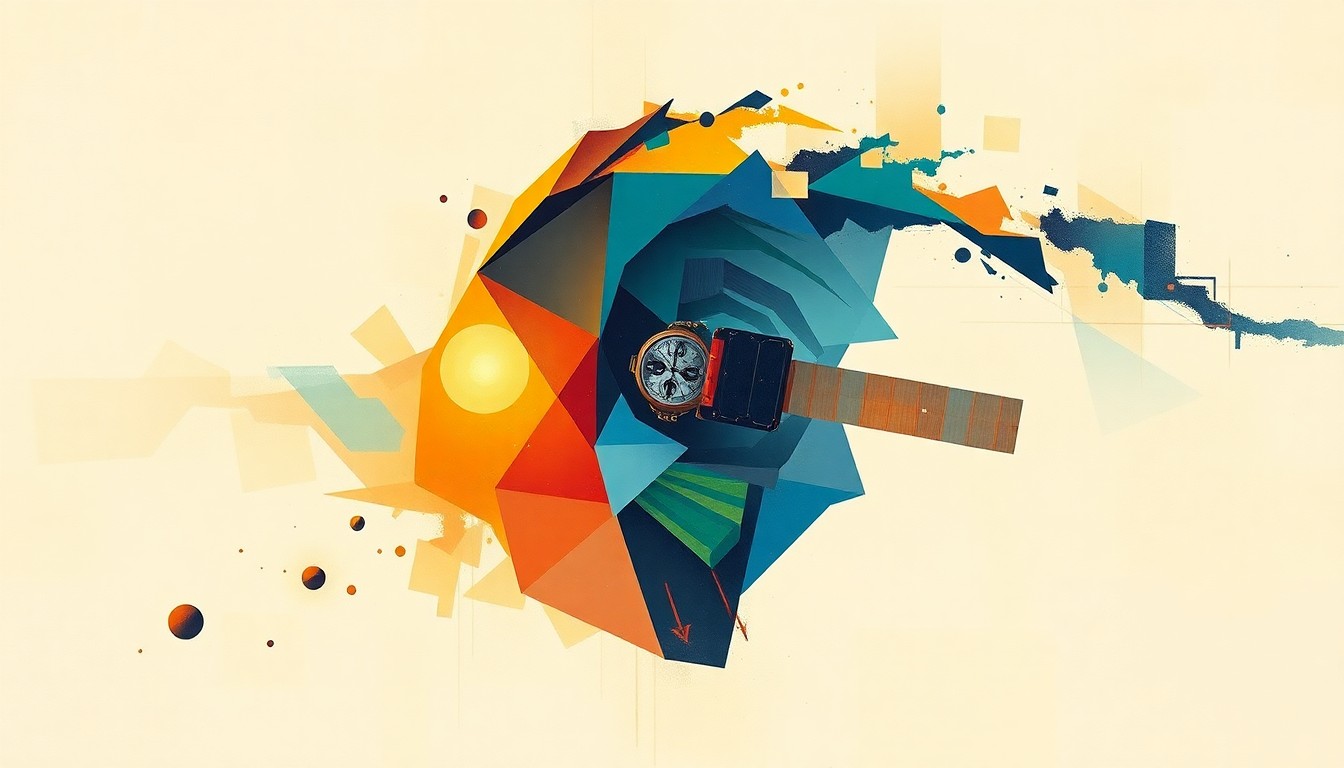 An abstract, avant-garde painting featuring overlapping, fractured geometric shapes and waves of color representing a satellite in orbit, symbolizing the contested and dynamic nature of the space environment.