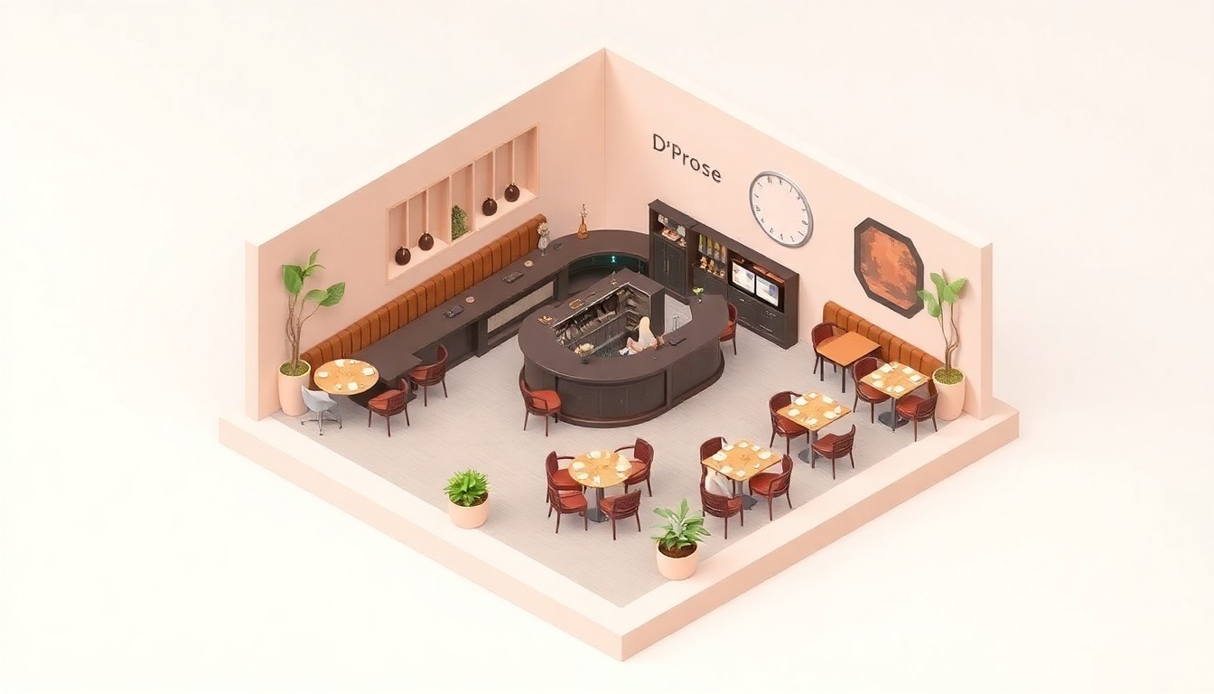 A miniature, stylized 3D illustration of a gastrobar interior with a wraparound bar, dining tables, and natural design elements like wood and plants, conceptually representing the elevated but comfortable atmosphere of D'Rose Gastro Bar.