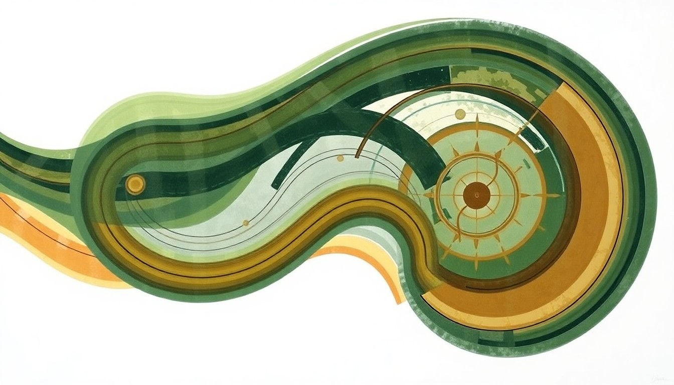 A bold, abstract painting in earthy tones depicting sweeping geometric shapes, concentric circles, and precise botanical spirals, representing the complex neural pathways and endogenous opioid signaling involved in placebo-induced pain relief.