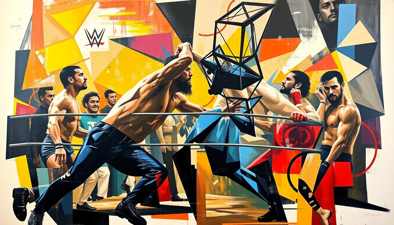A fractured, multi-perspective painting in the style of Pablo Picasso, breaking down a WWE wrestling match into sharp, overlapping geometric planes. The figures of the wrestlers are dissolved into abstract shapes and forms, conveying the raw intensity and energy of the sport.