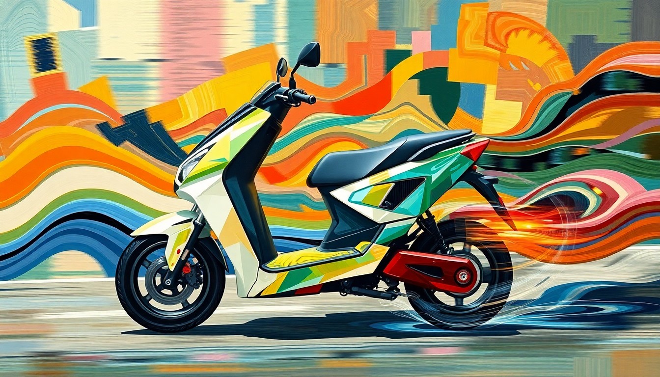 A dynamic, abstract painting of an electric scooter or e-bike in motion, with overlapping geometric shapes and waves of vibrant colors, conceptually representing the rapid evolution of micromobility technology and the need for updated regulations.
