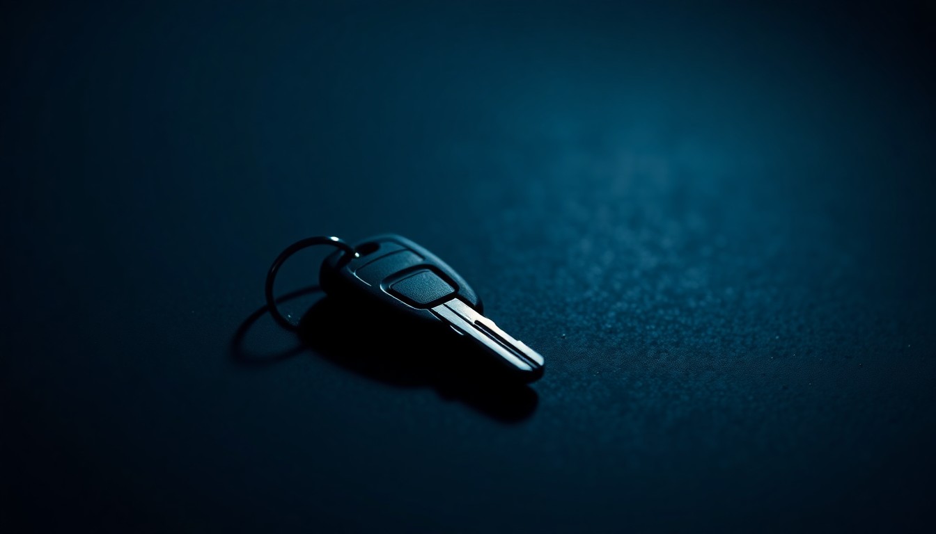 An extreme close-up photograph of a single car key in a pool of dark shadow, conceptually representing the investigation into a tragic crime.