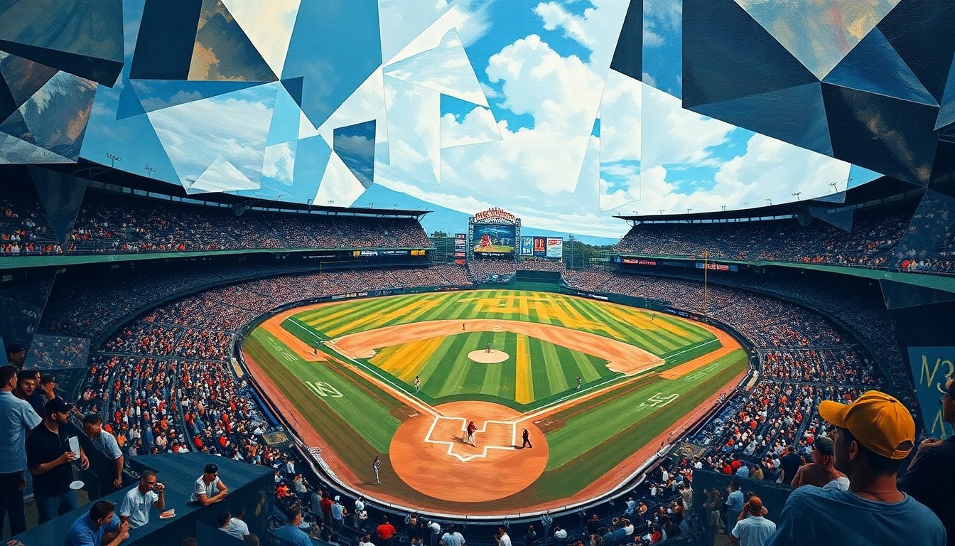 A fragmented, geometric painting depicting a baseball game in progress, with players, field, and stadium reduced to sharp, overlapping shapes and planes, conveying the tension and intensity of the game's climactic moments.