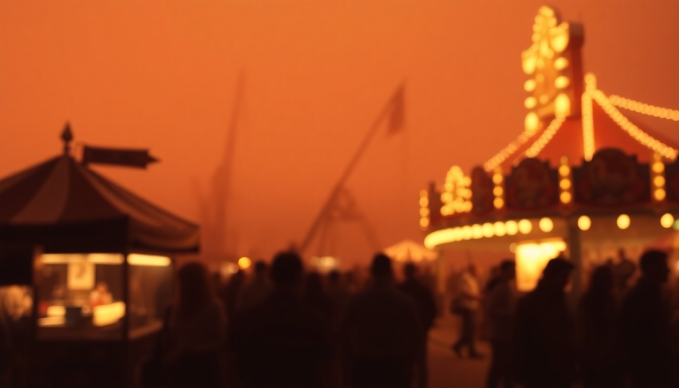 An abstract, impressionistic photograph in soft, warm tones depicting the blurred outlines of carnival rides, food vendors, and crowds at a county fair, conveying the joyful energy and nostalgic atmosphere of the annual event.