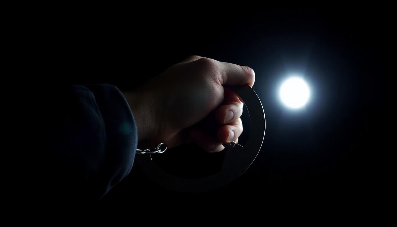 An extreme close-up photograph of a police handcuff against a pitch-black background, capturing the cold, metallic texture and the stark, gritty aesthetic of law enforcement equipment.